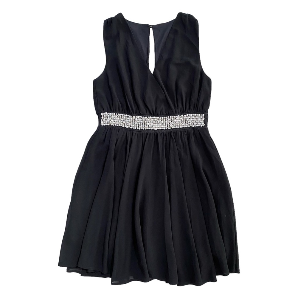 Wrap Style Pearl Rhinestone Waist Sleeveless Chiffon Black Dress Women's Size S